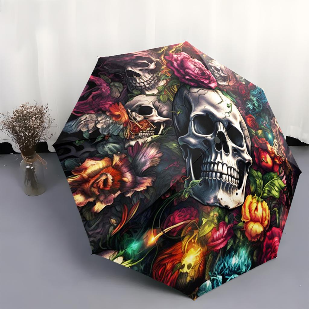 1pc Gothic Victorian Skull & Floral Umbrella - Automatic Open/Close, 8-Rib Windproof Design, Compact Folding Umbrella with Orn