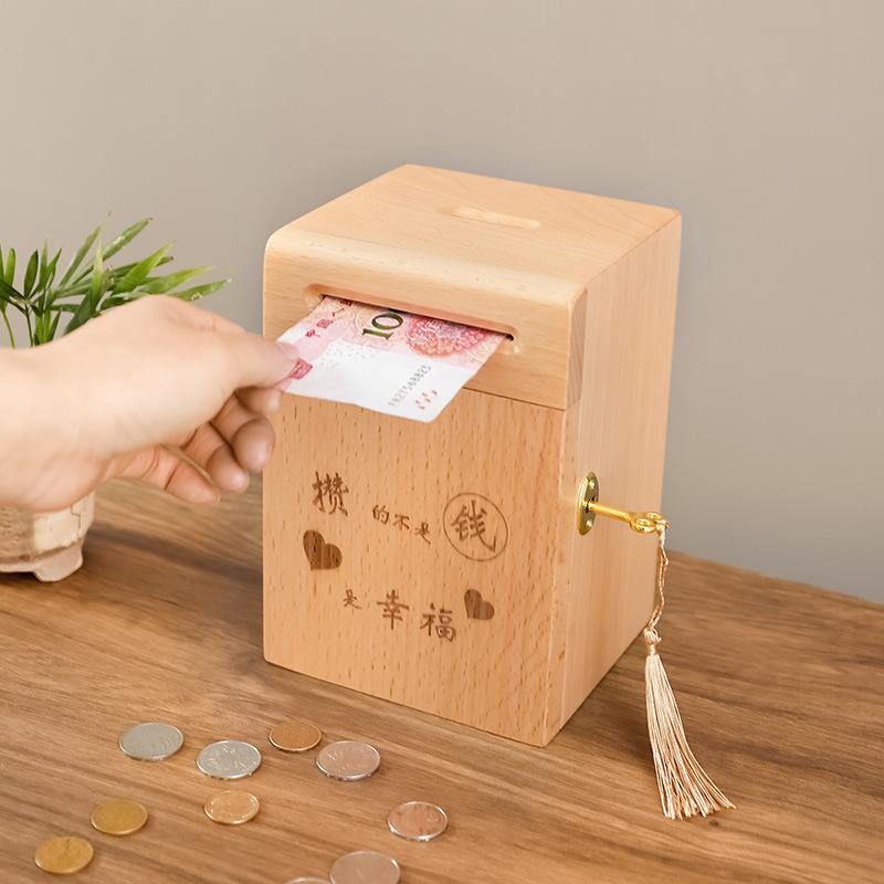 Walnut Wood Money Boxes Children Closed Piggy Bank Home Decor Storage Box with Lock Children's Room Decorative Ornaments