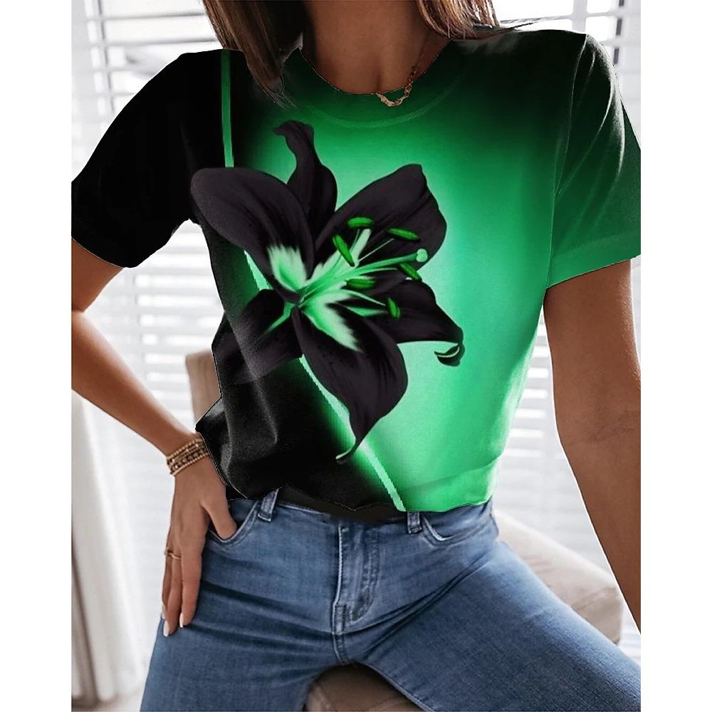 Colorful Floral 3D Digital Printed Women's Fashionable Casual Round Neck Short Sleeved T-shirt