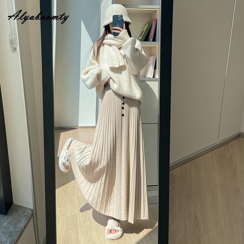 

Корейский стиль Осень Зима Женская юбка миди с высокой талией Бежевая Черная Вязаная Плиссированная юбка Элегантная Вязаная Теплая Толстая юбка Женская One Size