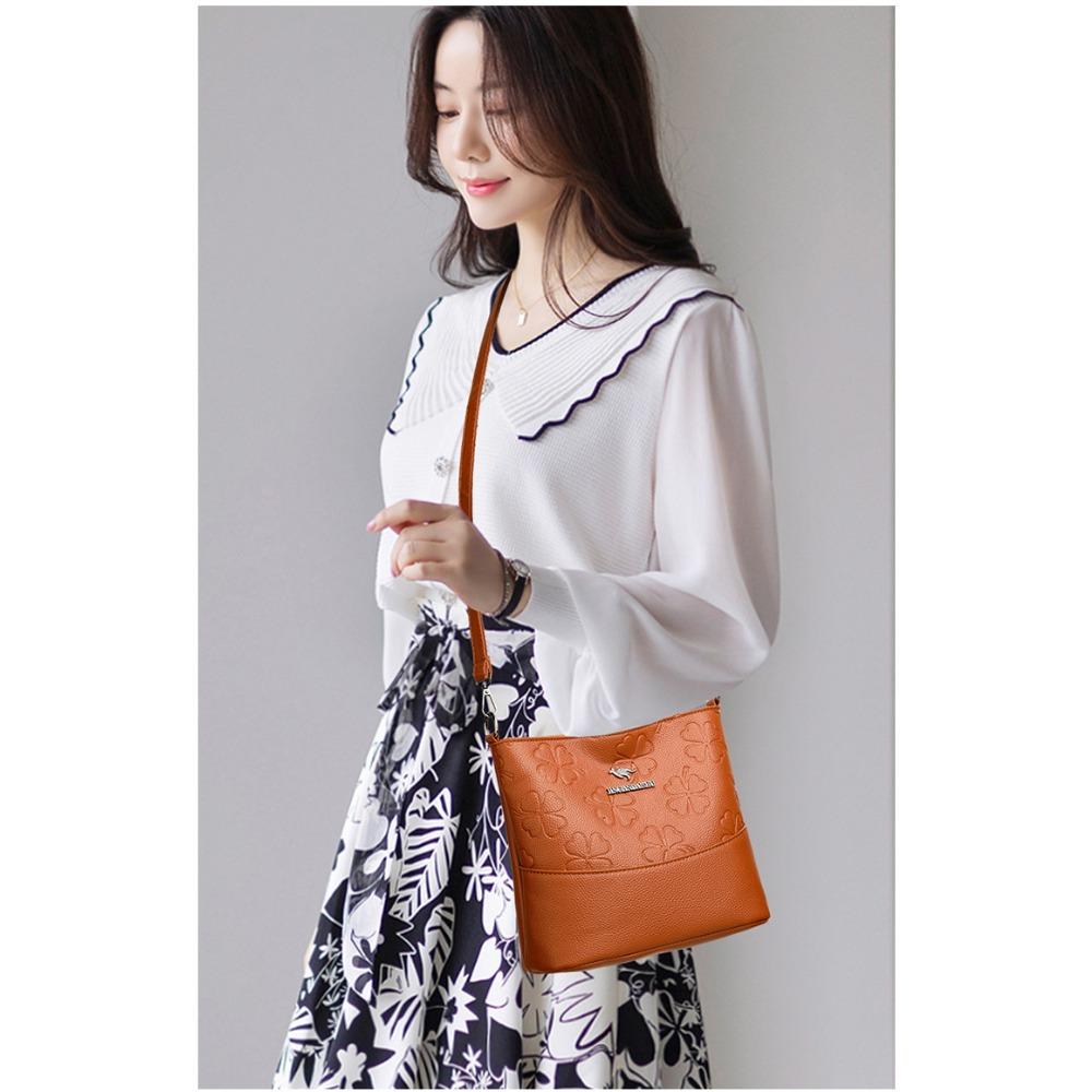 Women's Fashion Soft Leather Bucket Bag Large Capacity Shoulder Crossbody Bag For Middle-Aged Ladies