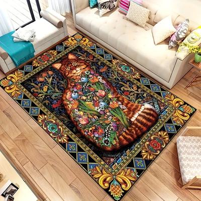 1 Persian Cat Fruit and Flower Pattern Area Mat Vintage Mat Soft Non-Slip Washable for Living Room, Bedroom, Indoor and Outdoor Entrance Mat