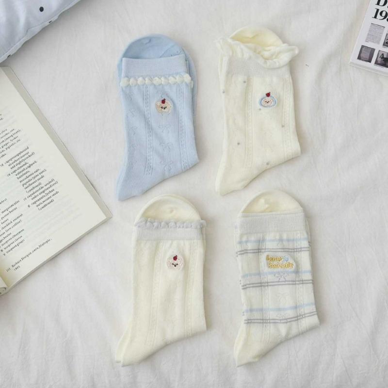 Summer Lightweight Children's Sock Featuring Cartoon Little Bear Embroidery, Thick Pile Socks with Stripes and Letters, Cotton Material