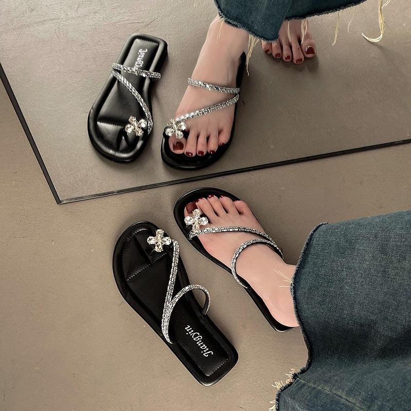 Flat-bottomed French set of toe slippers for women's outerwear, spring and summer 2025, new soft-soled with skirt, rhinestone sandals