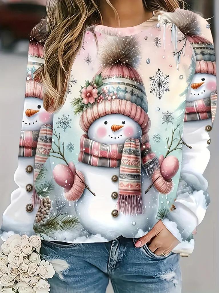 Women Christmas Sweatshirt 3D Print Cute Cat Snowman Print Long Sleeve Crewneck Pullover Festive Wear Fall Winter Holiday Tops