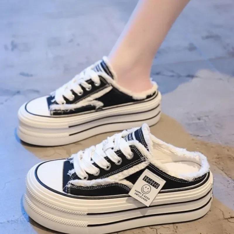 New Women's Canvas Half Slippers Breathable Casual Sports Shoes Women's Thick Soled Vulcanized Shoes Slippers Zapatos Mujer