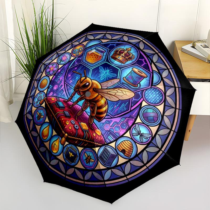 Cybernetic Moth Mandala pattern umbrella, portable and foldable design, 8 ribs, a casual accessory for Halloween, Christmas, and birthday gifts.
