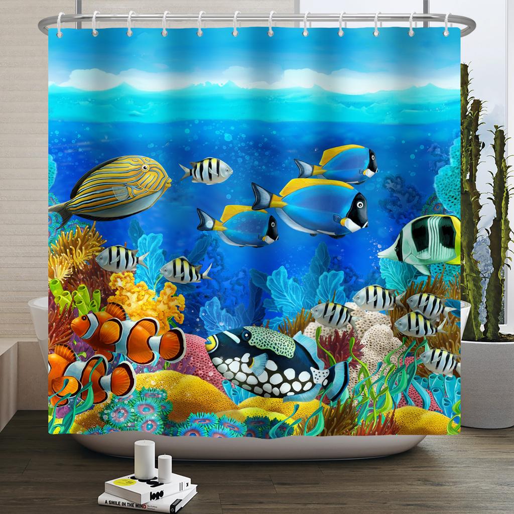 Underwater World Ocean Shower Curtain for Bathroom Seabed Animals Sea Turtle Dolphin Fish Waterproof Bathroom Curtain With Hooks