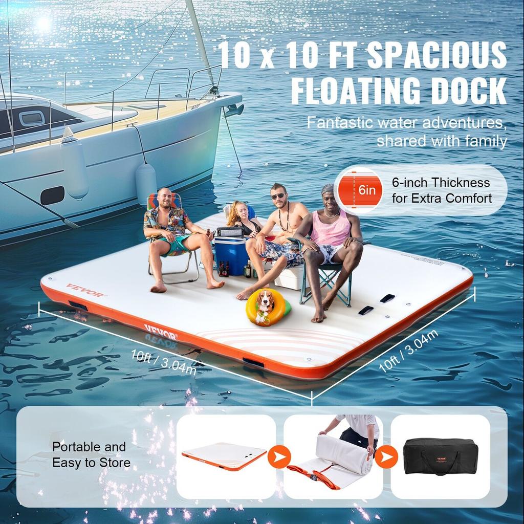 Inflatable Floating Dock 10x10FT Inflatable Dock Platform Mat with Ladder