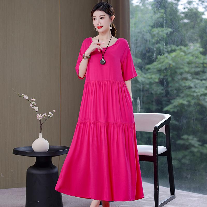 Mother s Cotton Silk Summer Mid-Length Plus Size Dress for Middle-Aged & Elderly Women 3XL