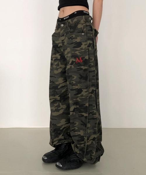 Mucent Carb Side Pintuck Camo Wide Cotton Pants Unisex