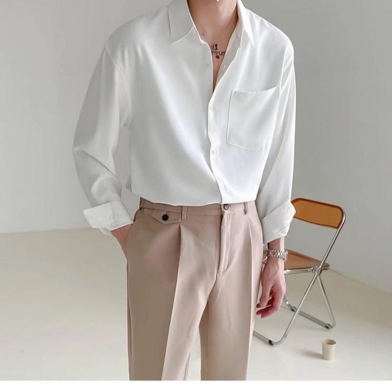 Men's Loose Long-sleeved Shirt, Wrinkle-free Solid Color Shirt.