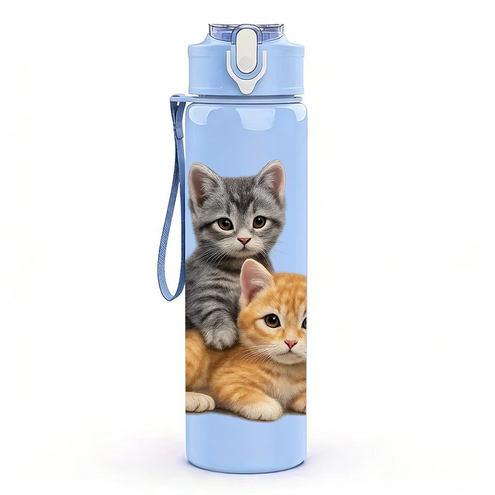 1PC Two Cute Kitten Snuggle Portrait 750ml Color Plastic Sports Water Bottle Leakproof Flip Straw Lid Suitable for Sports Office Home Use