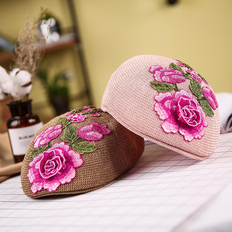 Beret female summer embroidery flower shading breathable tide hat Chinese style square dance hat