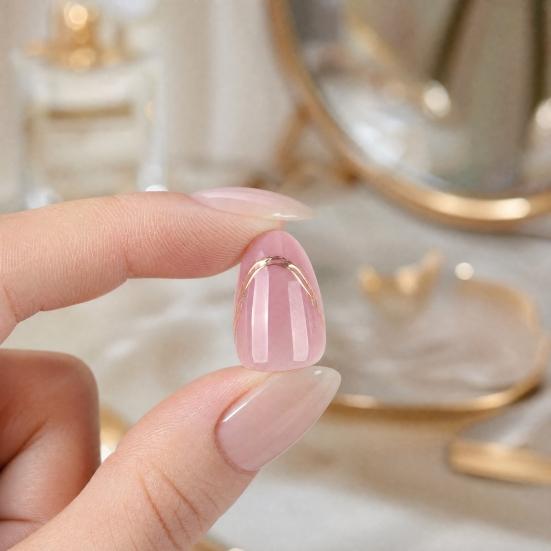 24Pcs Golden Cat Eyes Press On Nails, Nude Pink Almond Stick-on Fake Nails for Women, Removable Full Cover Glue On False Nails