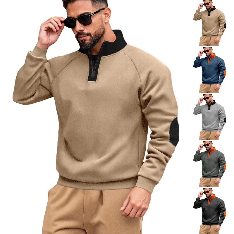 Pánská mikina Henley se stojáčkem, barevnými bloky, na zip, s výšivkou a dlouhým rukávem