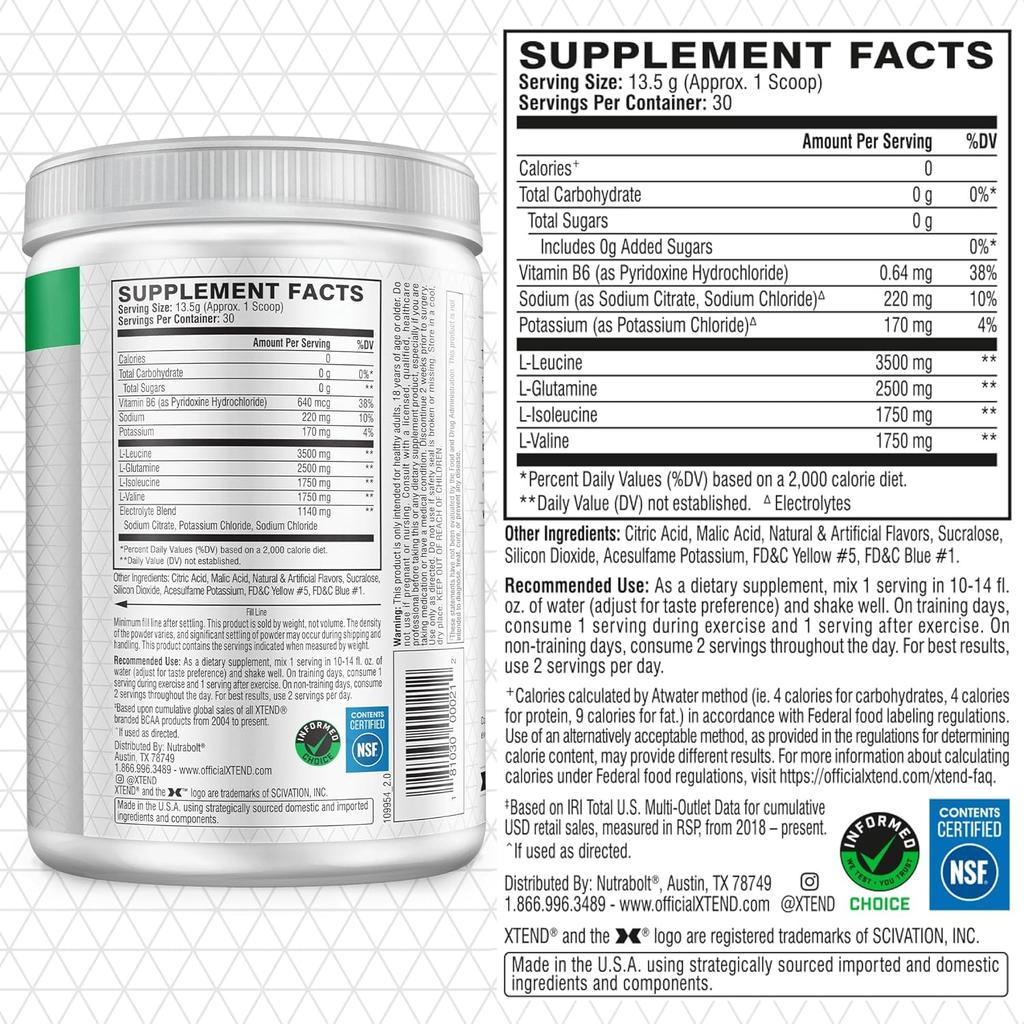 XTEND Original BCAA Powder 7g BCAA and 2.5g L-Glutamine, Sugar Free Post Workout Muscle Recovery Drink with Amino Acids for Men & Women, 30 Servi