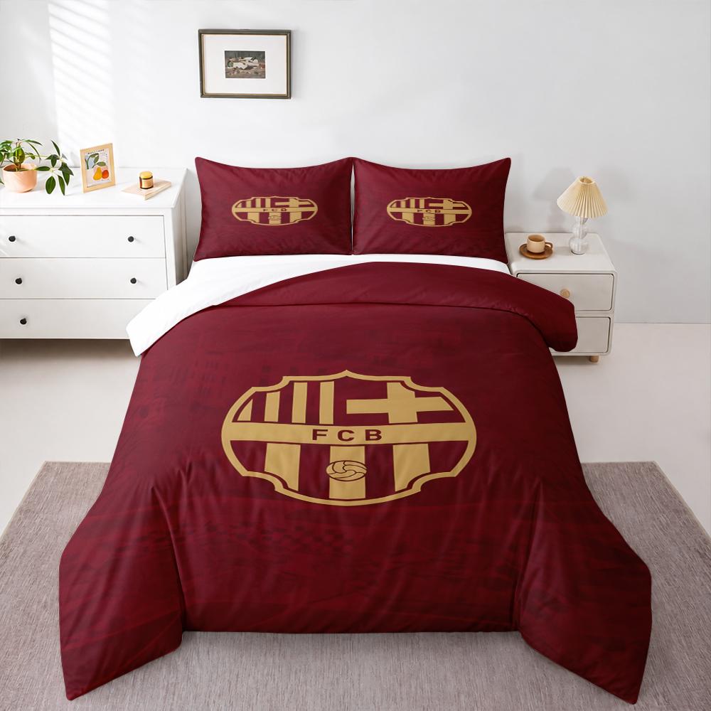 3 Piece Bedding Set FC Barcelona Football Club Crest Gold FCB Shield Red Background Camp Nou Soccer Team Print for Men Fan Gift