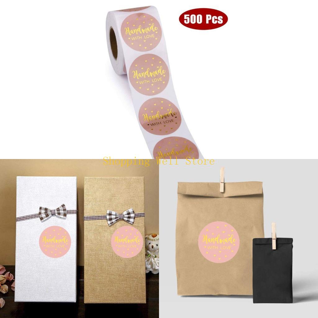 KX4B 500pcs/roll Handmade with Love Stickers with Gold Foil Round Seal Labels Handmade Scrapbooking розовый