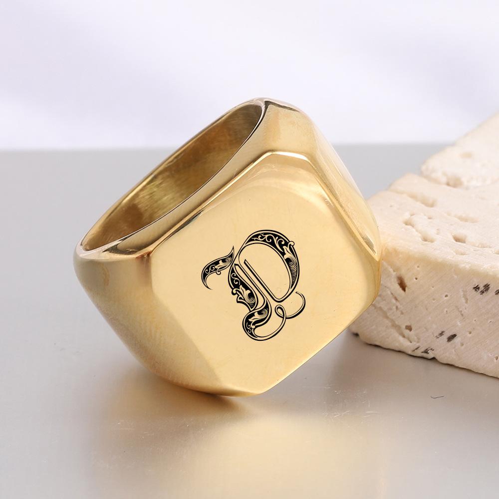 Europe, America 26 personalized English initials titanium steel ring male retro punk square 14MM gold trendy male wholesale