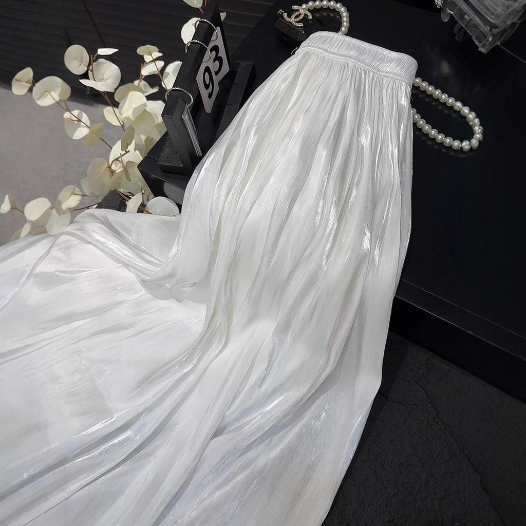 Pearlescent luster yarn pleated pleated skirt summer women medium and long hanging high waist a word 2025 new