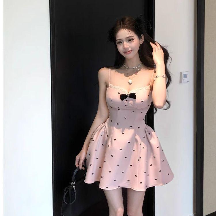 Bow Print Suspender Dress Women's Summer Pure Desire Waist Short Skirt Spice Girl Slim and Fluffy A-word Skirt