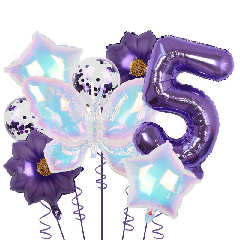 Colorful Large Butterfly Purple Flower 32 Digital Aluminum Film Balloon Set Latex Sequins Birthday Party Decoration
