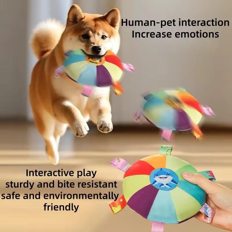 Rainbow Plush Flying Saucer Dog Chew Toy Bell Teeth Grinding Wear Resistant Bite Toy For Small Puppy Teddy Outdoor Pet Interactive Training Supplie