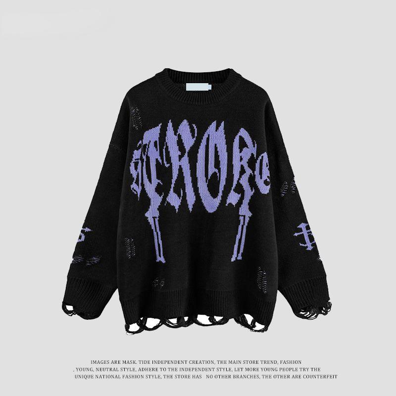 Harajuku Knitted Sweater Men Autumn Winter Letter Pullover Vintage High Street Loose Long Sleeve Top