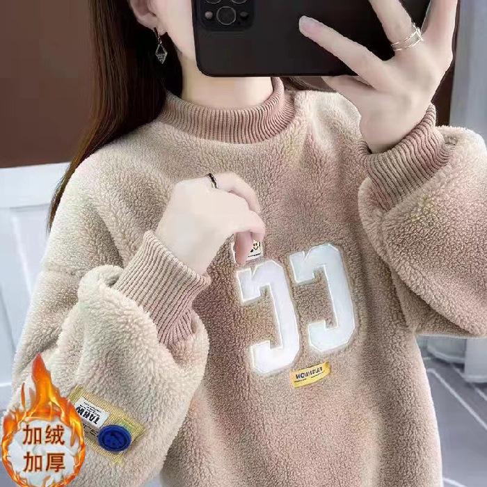 Women Fleece Super Thick Sweatshirt Color Block Rib Collar Letter Patch Embroidery Loose Fake Two Piece Long Sleeve Pullover Warm Winter Outerwear