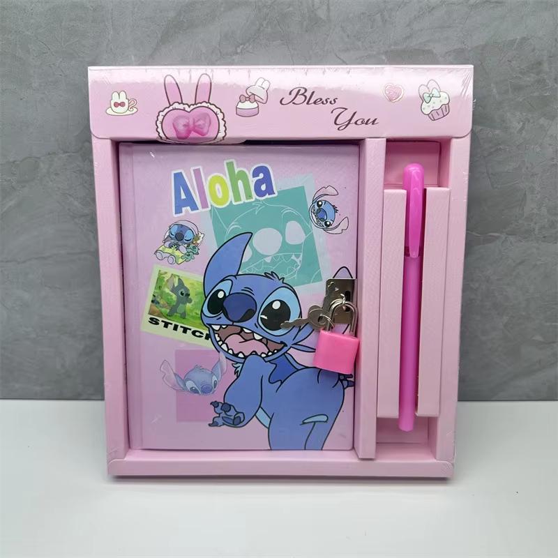 MINISO Cartoon Characters Set with Lock Cute Anime Lilo& Stitch Notebook Combination Hollow Out Hard Box Lock Book Gifts