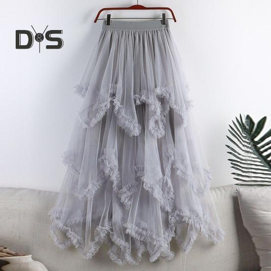 Dámská dortová sukně s polovičním pasem, elastickým pasem, nepravidelným lemem, midi sukně, jednobarevná, síťovaná, kolová, dlouhá sukně, pro každodenní nošení