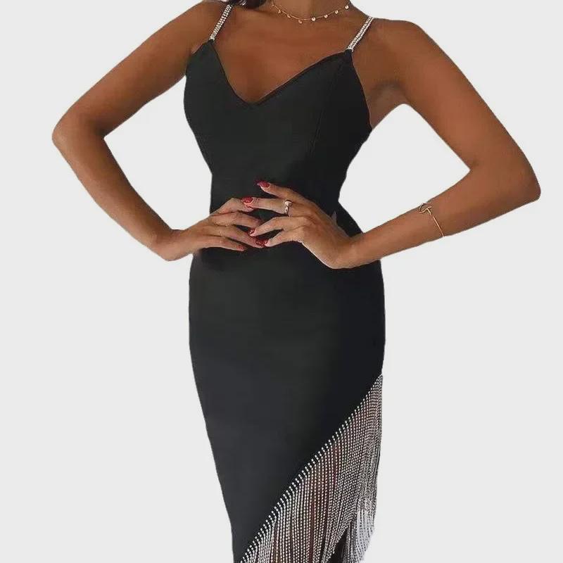 2024 Strass Quasten Bandagenkleid - Einfarbiges V-Ausschnitt Trägerkleid