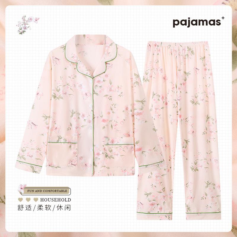 Pajamas women's spring and autumn imitation cotton long-sleeved autumn mother's new loungewear large-size set