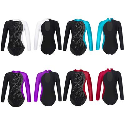 Girls Dance Leotards for Gymnastics Outfits Sparkle Kids One-Piece Diamonds Adorned Long Sleeve Dancewear