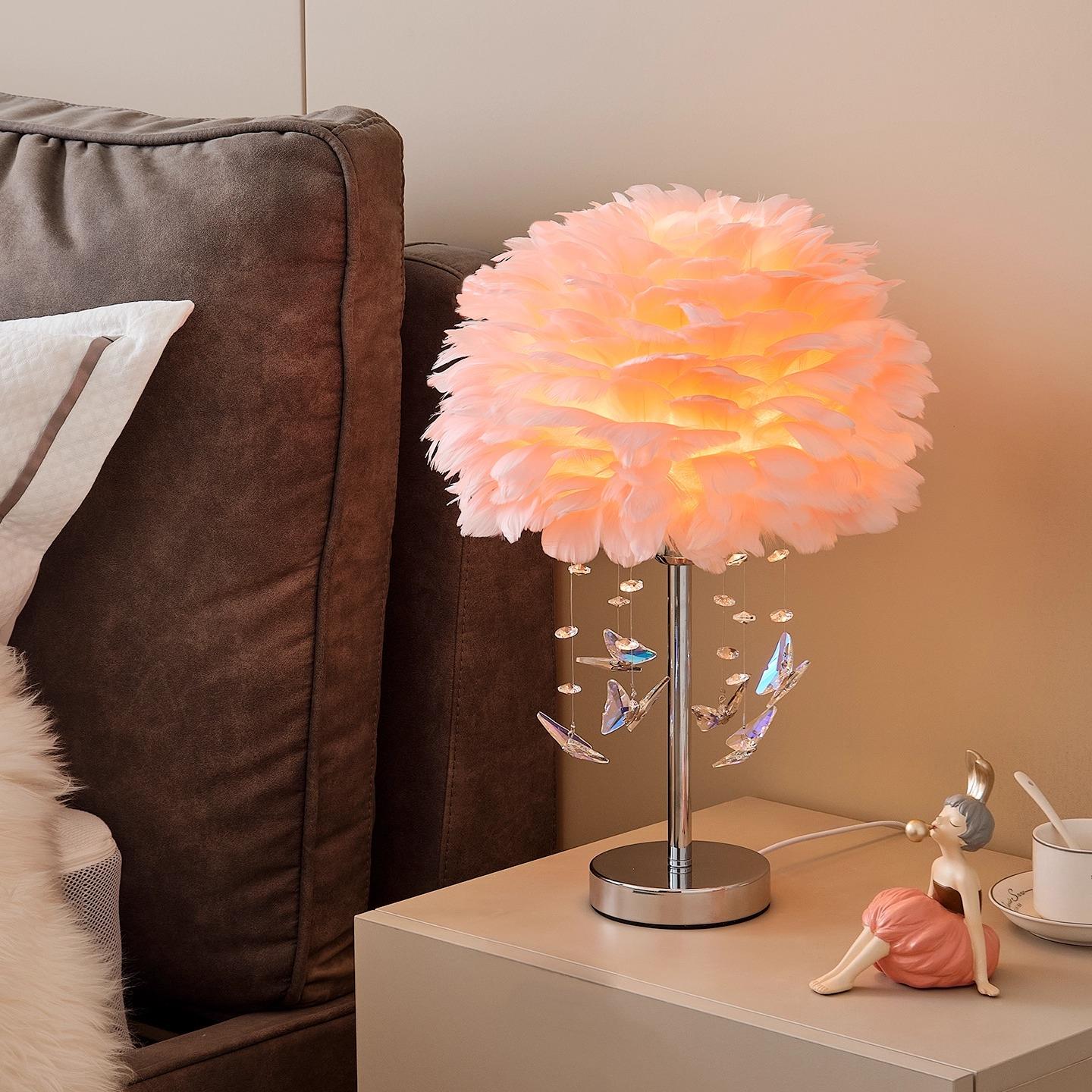 

Butterfly Crystal Feather Table Lamp with Romantic Lighting,Cream-Style Bedroom Bedside Decoration,Elegant Wedding Room Gift