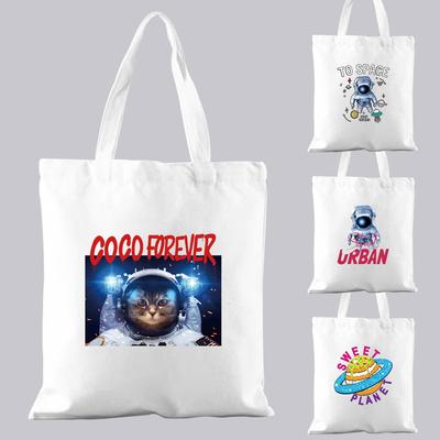 Basic Shopping Travel Bag Reusable Casual Shoulder Bag Commuter Astronaut Print Series Student Canvas Tote All-Match