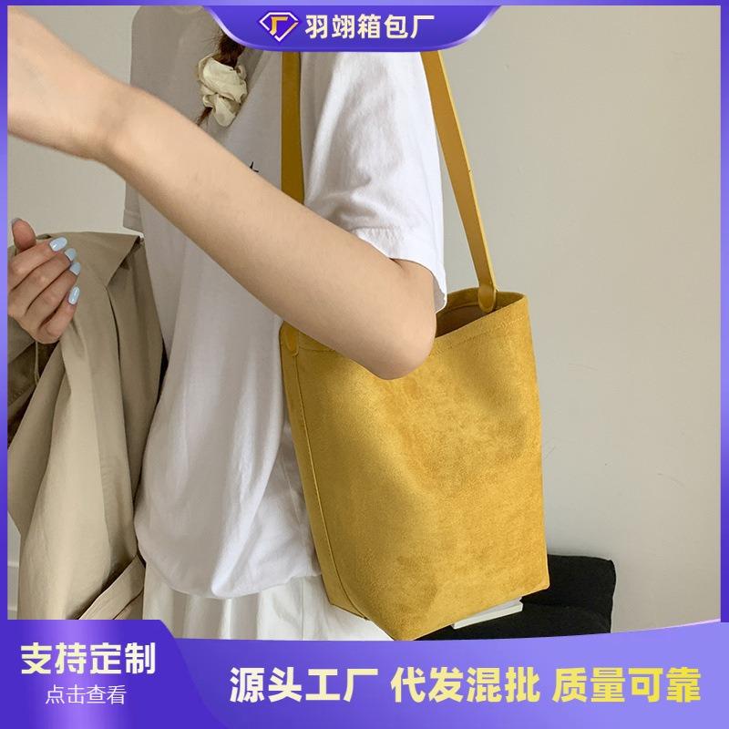 Summer new retro solid color large-capacity bucket bag women's simple fashion versatile underarm shoulder bag