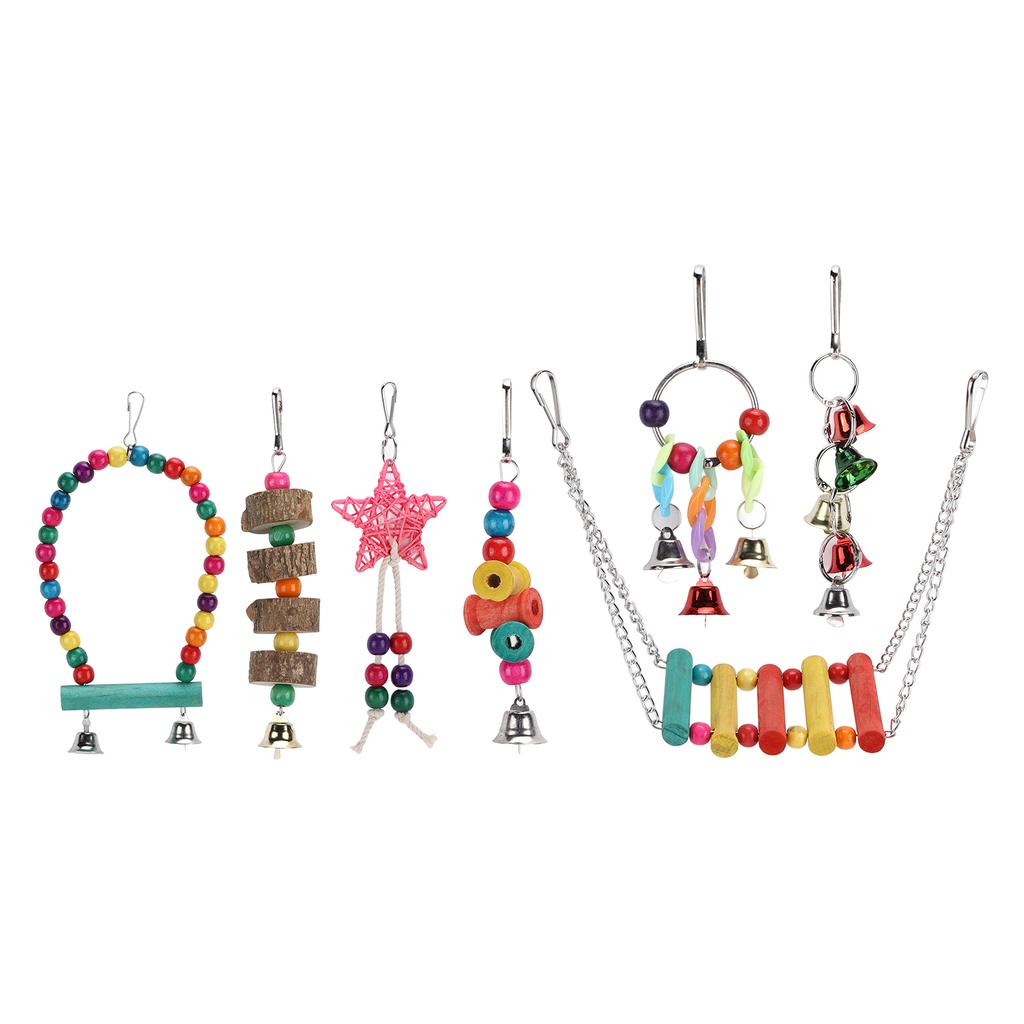 7 Stück Vogelspielzeug Set Vogekäfig Schaukel Kauspielzeug Glockenring Spielzeug Set Papagei Hängespielzeug Set