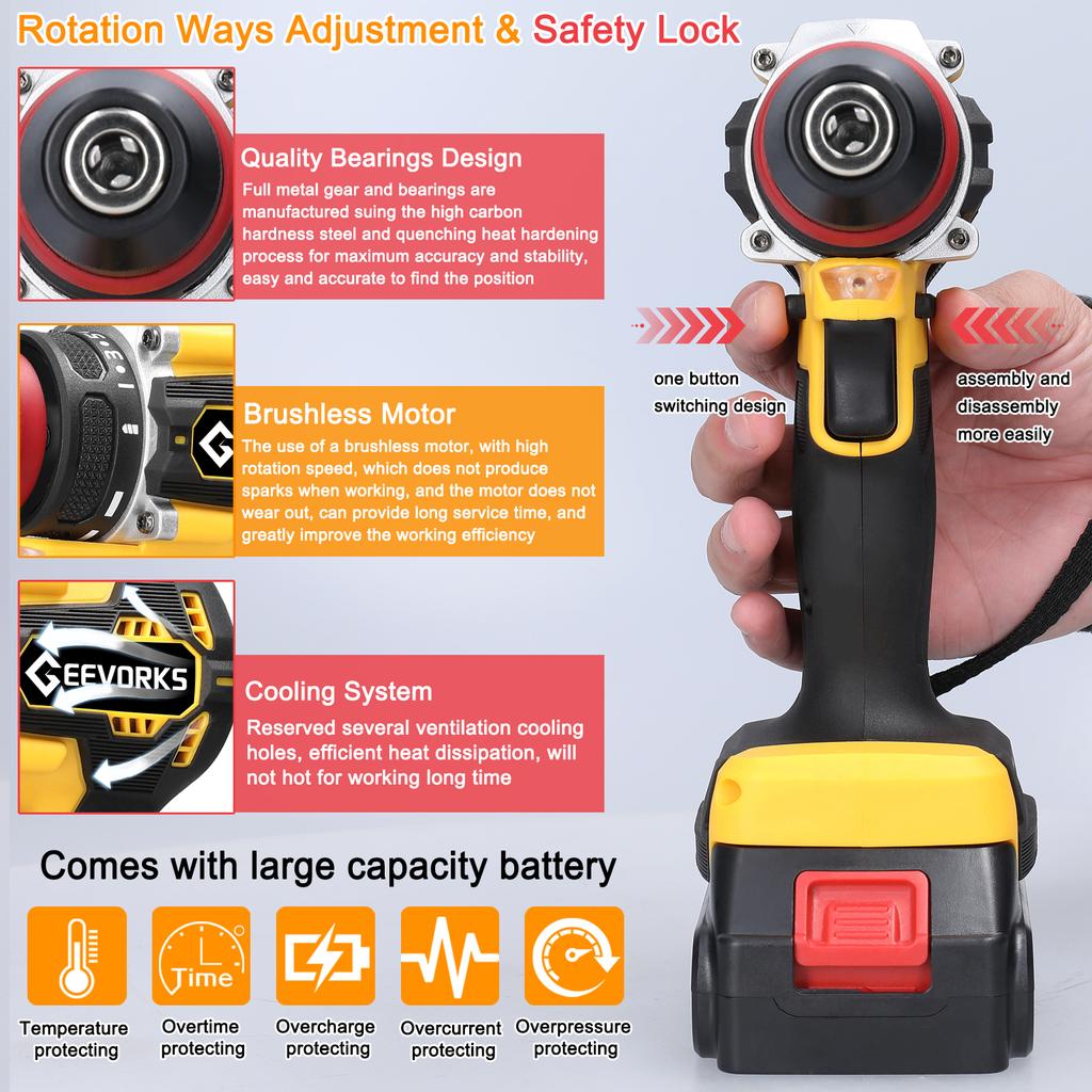 Geevorks 21 V 2-in-1-Lithium-Bohrer, elektrischer Schraubendreher, Multifunktions-Elektrowerkzeug, hohes Drehmoment