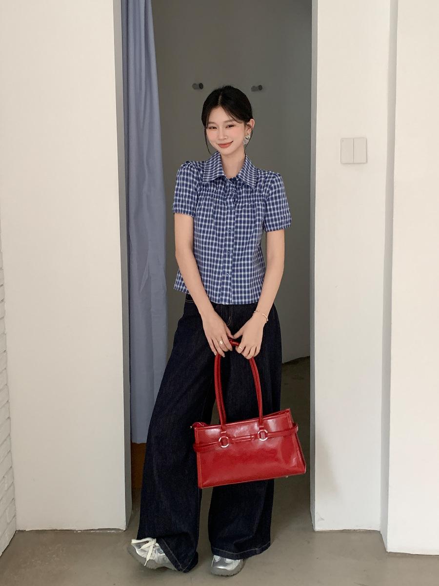 

Fashion retro blue plaid short-sleeved loose shirt women s summer new bubble sleeves foreign style lapel sweet top L