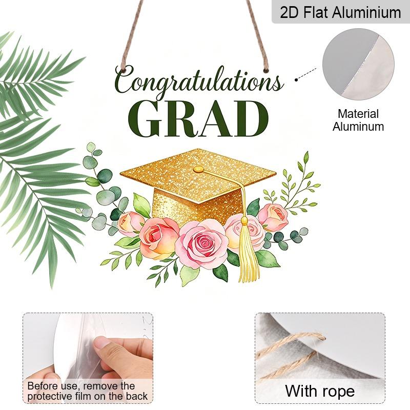 2D Flat Aluminum Graduation-themed Wall Hangings, Available in Various Sizes, Featuring Gold Glitter Graduation Caps and Watercolor-style Pink Roses