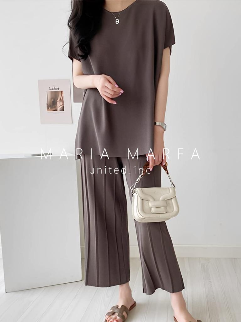 Maria Marfa French Sleeve and Pants Remote Office Maxi Size Cut and T-Shirt High-Waisted Set, 2-Piece Set, Spring/Summer, Collarless, Brown, Pants,