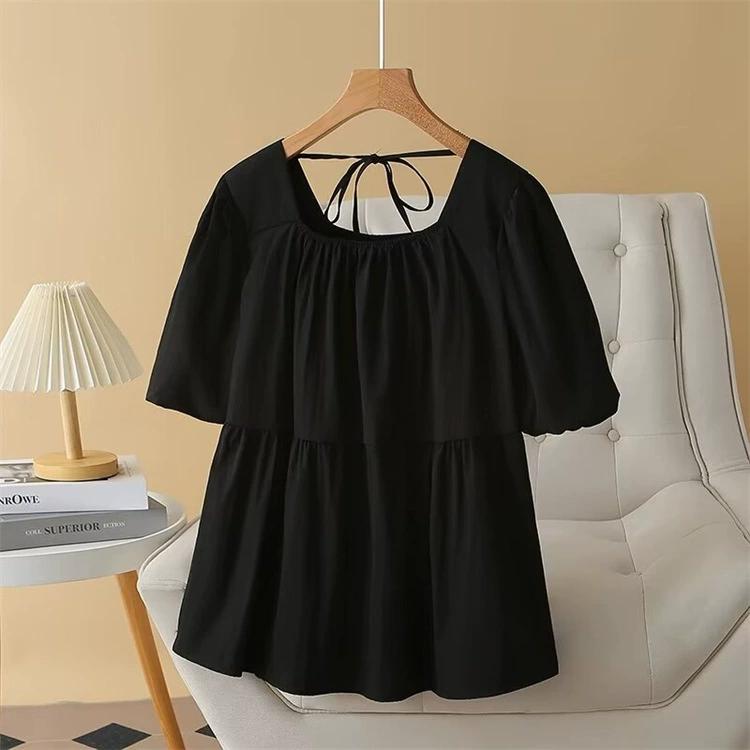 

Женская летняя рубашка с квадратным вырезом и короткими рукавами, уменьшающая возраст, однотонный дизайн, топ с завязками M чёрный