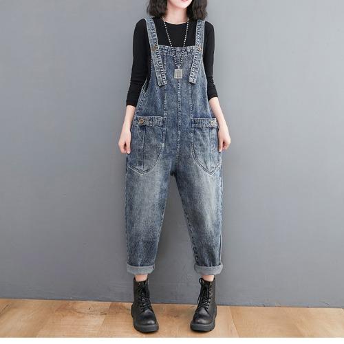 Pantaloni allacciati con bretelle in denim artistico da donna, pantaloni larghi e larghi retrò, pantaloni alla moda casual Haren, estate e autunno