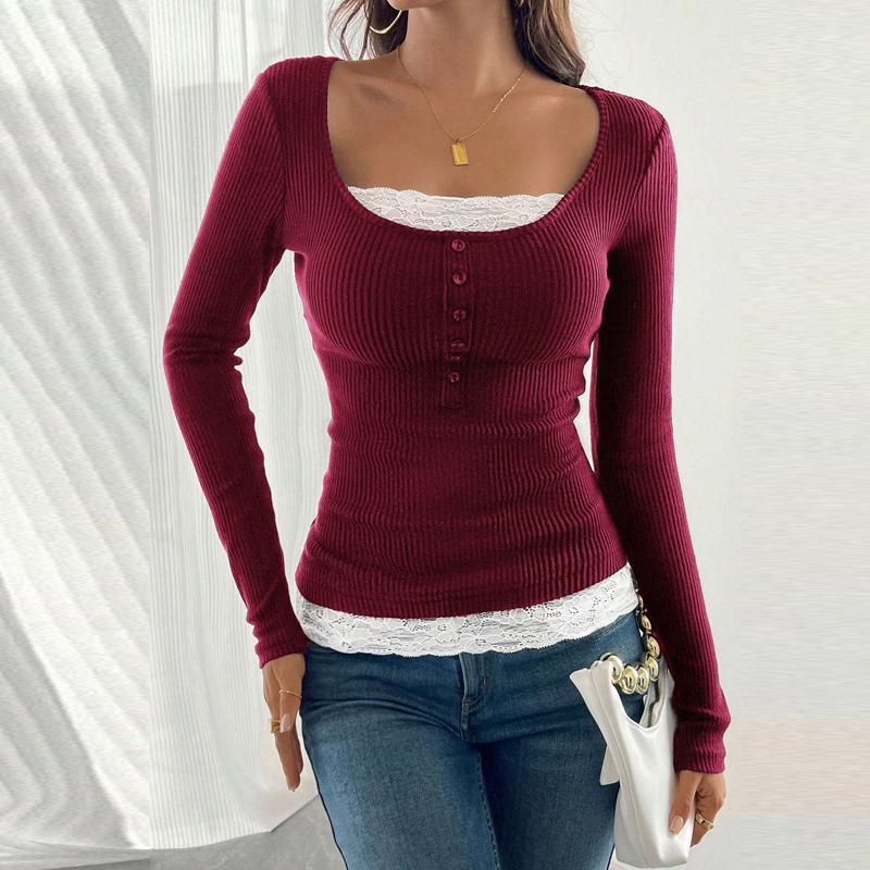 

Однотонные повседневные облегающие футболки для женщин Осень Y2K Женская футболка с длинным рукавом Блузки Футболки Модные женские топы 2XL вино красного