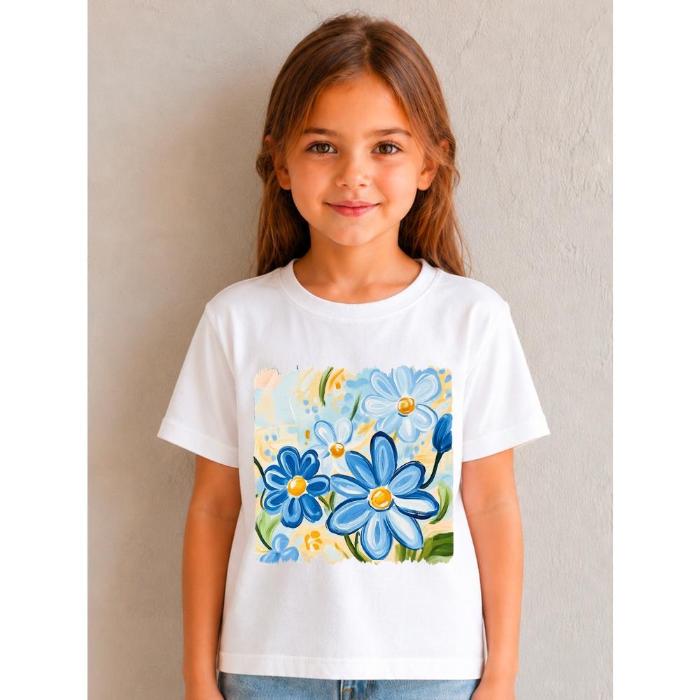 Kids Girls Watercolor Blue Daisy Floral Print T-Shirt Artistic Casual Summer Short Sleeve Kids Tee Tops 110