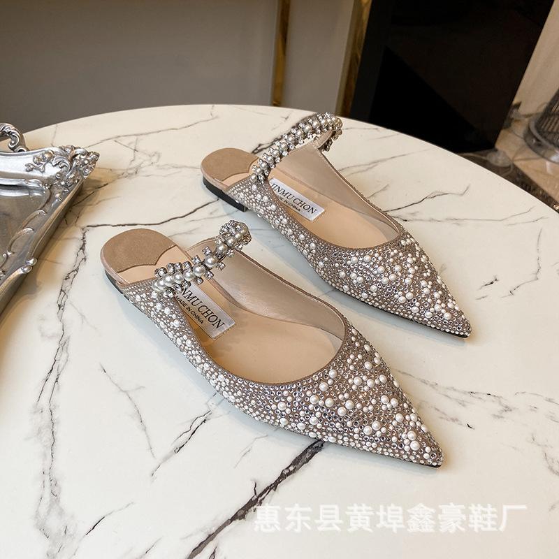 

Фабрика обуви Xinhao Новые шлепанцы на плоской подошве с полным бриллиантовым носком для банкета, женская обувь со стразами и жемчугом, с острым носком 35