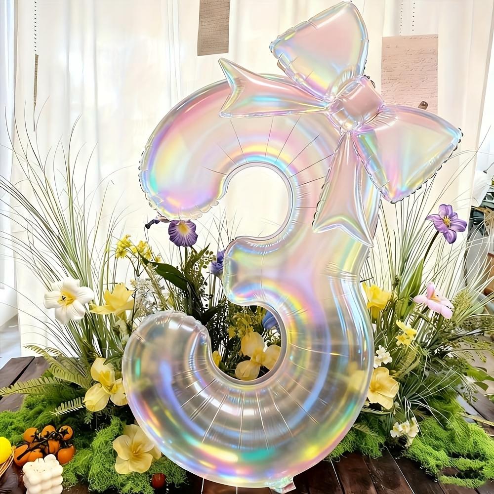 Large Iridescent Transparent Number-shaped Foil Balloons with 24-inch Iridescent Bow Decorations, Suitable for Birthday Parties