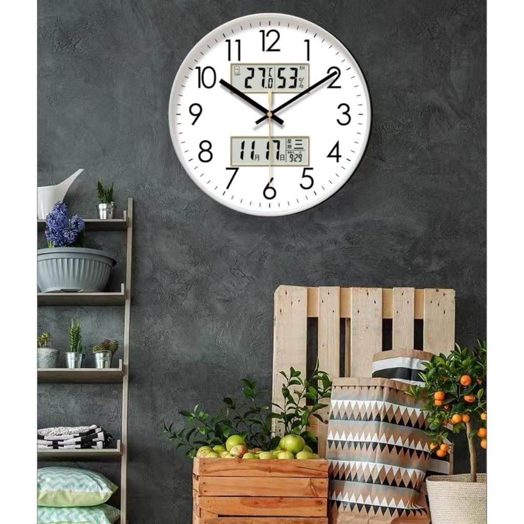 kxptso Wall Clock, Analog Temperature and Humidity Display, Digital Calendar, LCD Display, Quiet, Continuous Second Hand, Analog Wall Clock (A, 35cm)
